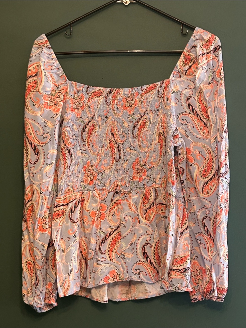 Mi Ami Boho Paisley Smocked Peplum Top Blue Coral Puff Sleeve XL - Picture 9 of 9